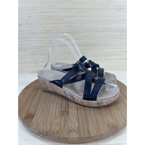 Crocs A-Leigh Black Leather Cork Wedge Sandals Womens Size 7 - Picture 3 of 8